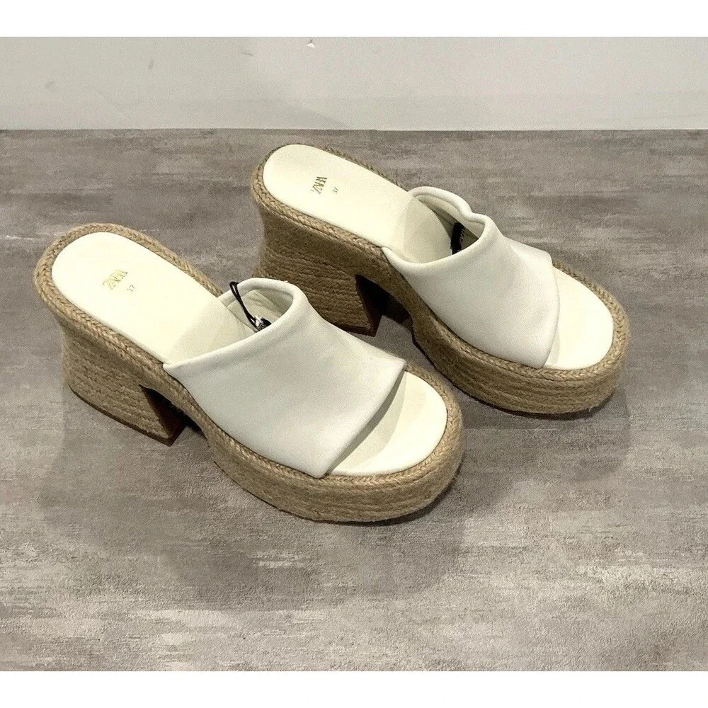 Zara White Leather Chunky Platform Sandals Jute Espadrille Mules NWT Size 37 6.5 - Picture 3 of 11